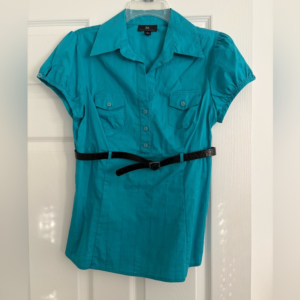 Y2K VINTAGE WOMEN IZ BYER TEAL BUTTON COLLARED BLOUSE SHIRT BABYDOLL TOP W/ BELT